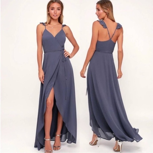 Lulus Here's To Us Maxi Wrap Dress in Granite Blue Size Medium - Picture 1 of 7